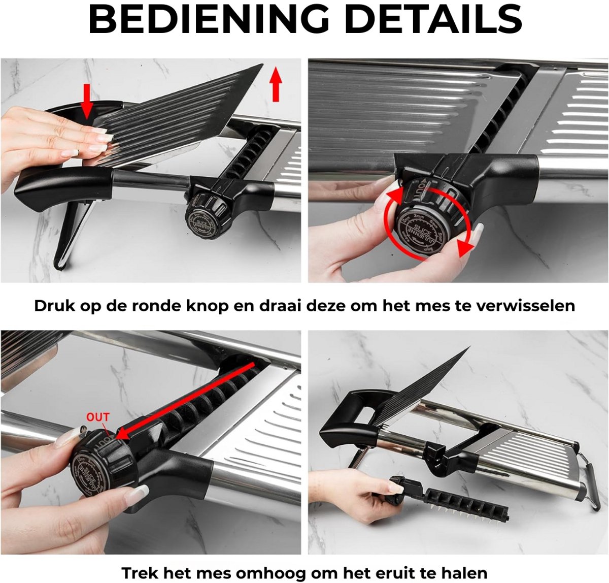 Lekro Multifunctionele Groentesnijder - Uiensnijder Handmatig - Groentensnijder met Self-Cleaning Grid - Mandoline Keukensnijder - RSV - Zwart