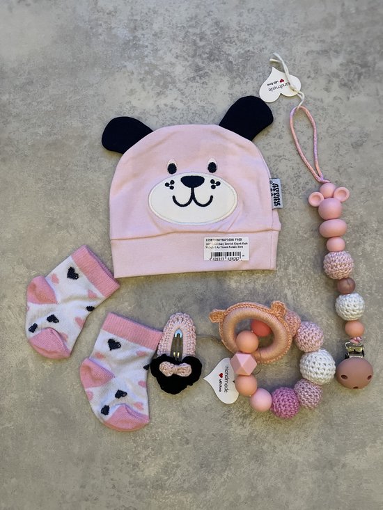 Maminobaby.nl - Minnie mouse - Baby geschenkset meisjes - Handgemaakte speenkoord - Handgemaakte haarclip - Handgemaakte bijtring - Sokjes - Muts - Kraamcadeau - Babyshower — afbeelding 3