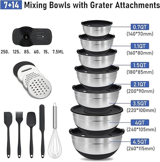 Onader 5-delige roerschaalset, roestvrijstalen slakommenset met luchtdichte deksel en 3 raspopzetstukken, grootte 4,5 l / 3 l / 1,5 l / 1,2 l / 0,7 l, stapelbaar & vaatwasmachinebestendig, veelkleurig
