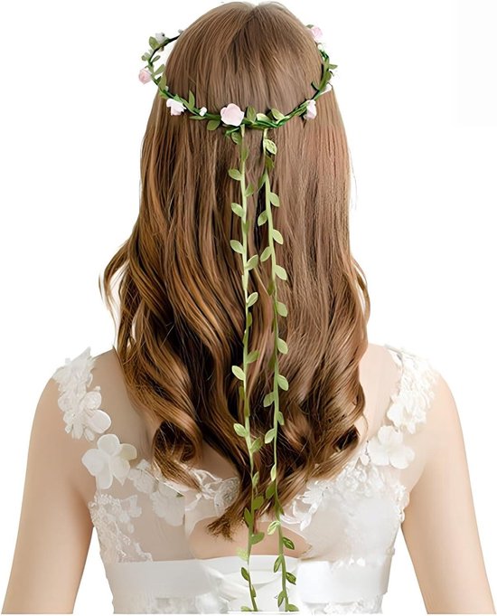 Foto: Bloemenkroon hoofdband boho 2 stuks voor vrouwen bruids roos met bladeren bruiloft feest haaraccessoires roze en wit