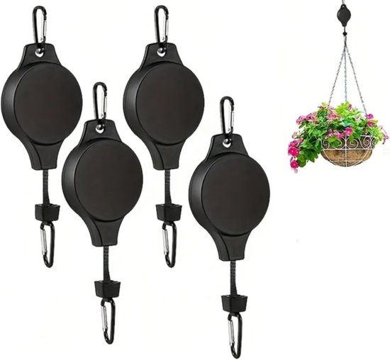 Foto: 4 stuks plantenkatrollen voor het ophangen van planten robuuste intrekbare plantenhangerhaak geschikt voor het ophangen van plantenbakken hangmanden en vogelhuisjes op verschillende hoogtes voor thuistuinen zwart