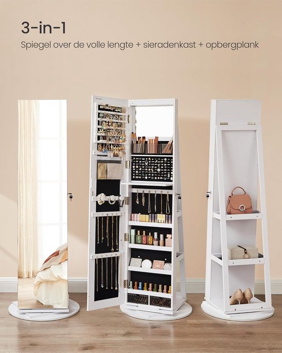 3-in-1 spiegelkast met spiegel, sieradenopslag en opbergplank. Wit, draaibaar.