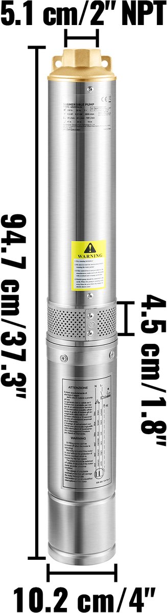 Diepe Bronpomp - met Externe Schakelkast en 20 m Stroomkabel - met Terugslagklep en Filter - Stroom 190L/min - 1100W - Maximale Opvoerhoogte van 57 m - Beschermingsgraad IP68 - Voor Regentonnen - Reservoirs - Kanalen - Rivieren - Zilver van T-ECO — afbeelding 3