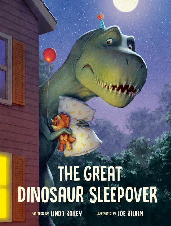 Groene dinosaurus met feestmuts en kussen, houdt knuffel vast. Titel: The Great Dinosaur Sleepover.