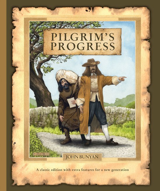 Boekkaft met de titel Pilgrim's Progress van John Bunyan, met een illustratie van twee mannen op een pad.