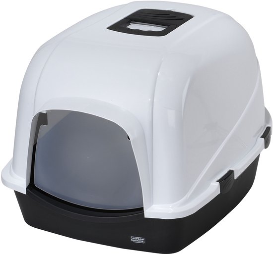 Zwarte en witte kattenbak met kap, ventilatierooster en handvat.