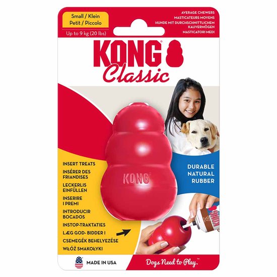 Verpakking van een rood KONG Classic hondenspeeltje, maat S, van duurzaam natuurlijk rubber.