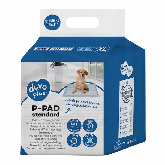 Verpakking Duvo+ P-PAD standard XL, 30 stuks. Met een puppy op een p-pad. Geschikt voor toilet training, volwassen en gehandicapte honden.