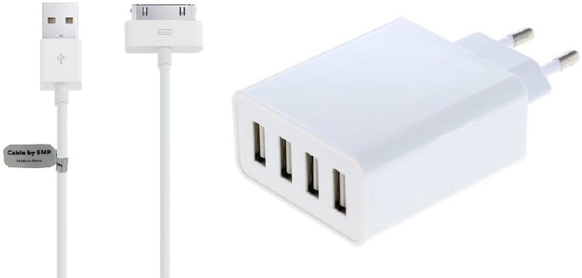 OneOne lader met 4 poorten + 2,0m OneOne USB kabel. Universele oplader adapter past op Apple iPhone 3G, 3Gs, iPhone 4, 4s, iPad 1, iPad 2, iPad 3, iPod Classic, iPod Mini, iPod Nano 1, 2, 3, 4, 5, 6, iPod Touch 1, 2, 3, 4