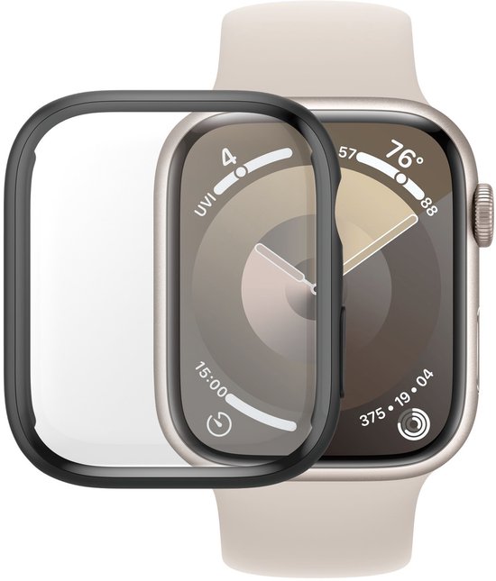 Apple Watch 45 mm met beige siliconen band en een zwarte screenprotector.