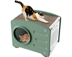 NAIZY Kattenhuis Outdoor Kattenmand Kattenhok met krabplank Winterbestendig Waterdicht Buiten KunststofKattenhuizen 55,3 x 40,5 x 46 cm, groen + wit