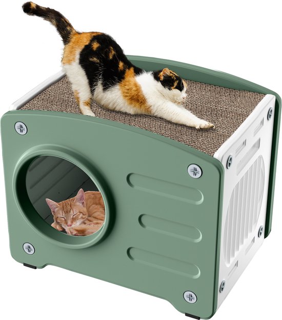 Niche pour chat NAIZY, panier Plein air pour chat, clapier avec griffoir, résistant à l'hiver, imperméable, en plastique, 55,3 x 40,5 x 46 cm, vert + blanc