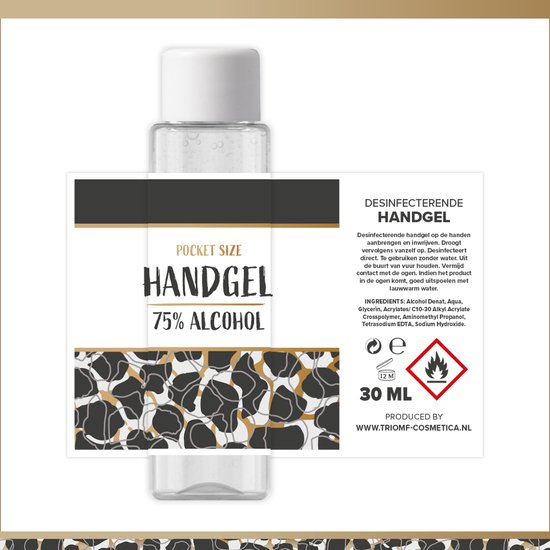 Transparante pocket size handgel met 75% alcohol, in een kleine fles met witte dop.