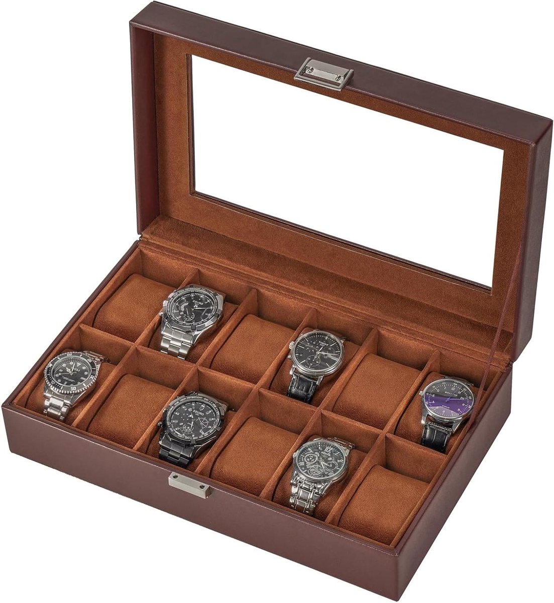 Kunstleren Horlogedoos met 12 vakken en glazen deksel voor heren