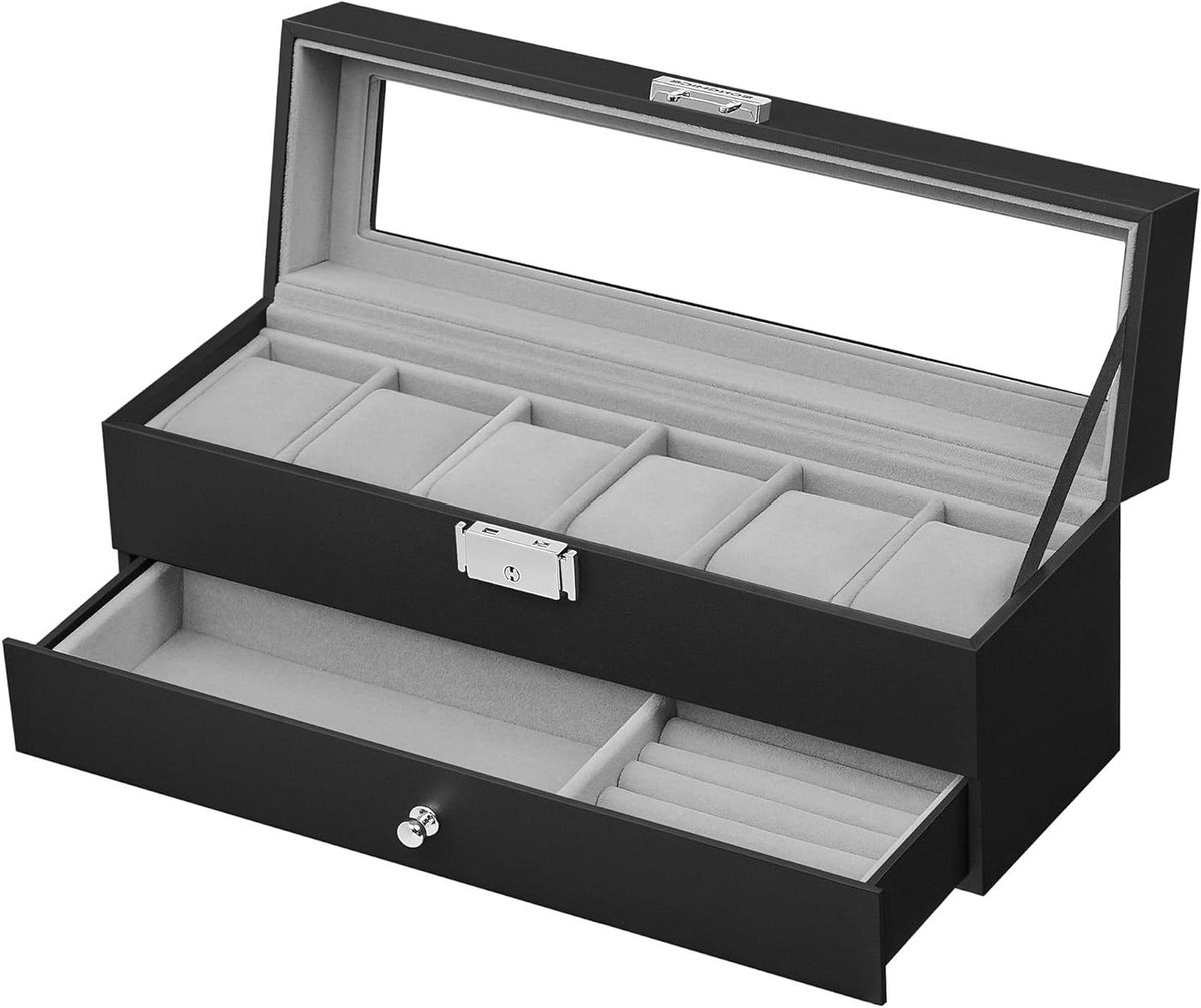 Horlogebox met glazen deksel, 2 niveaus voor 6 horloges, afsluitbaar, 1 lade voor ringen en armbanden, cadeau-idee - PU-hoes in zwart, binnenvoering in grijs