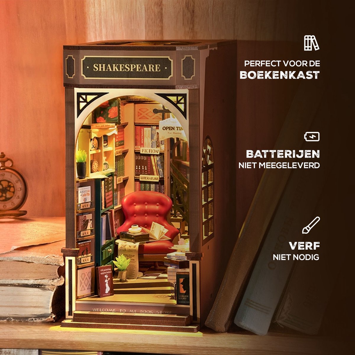 Robotime, DIY Book Nook Boekensteun Shakespeare's, TGB07, 20x11,5x22cm — afbeelding 4