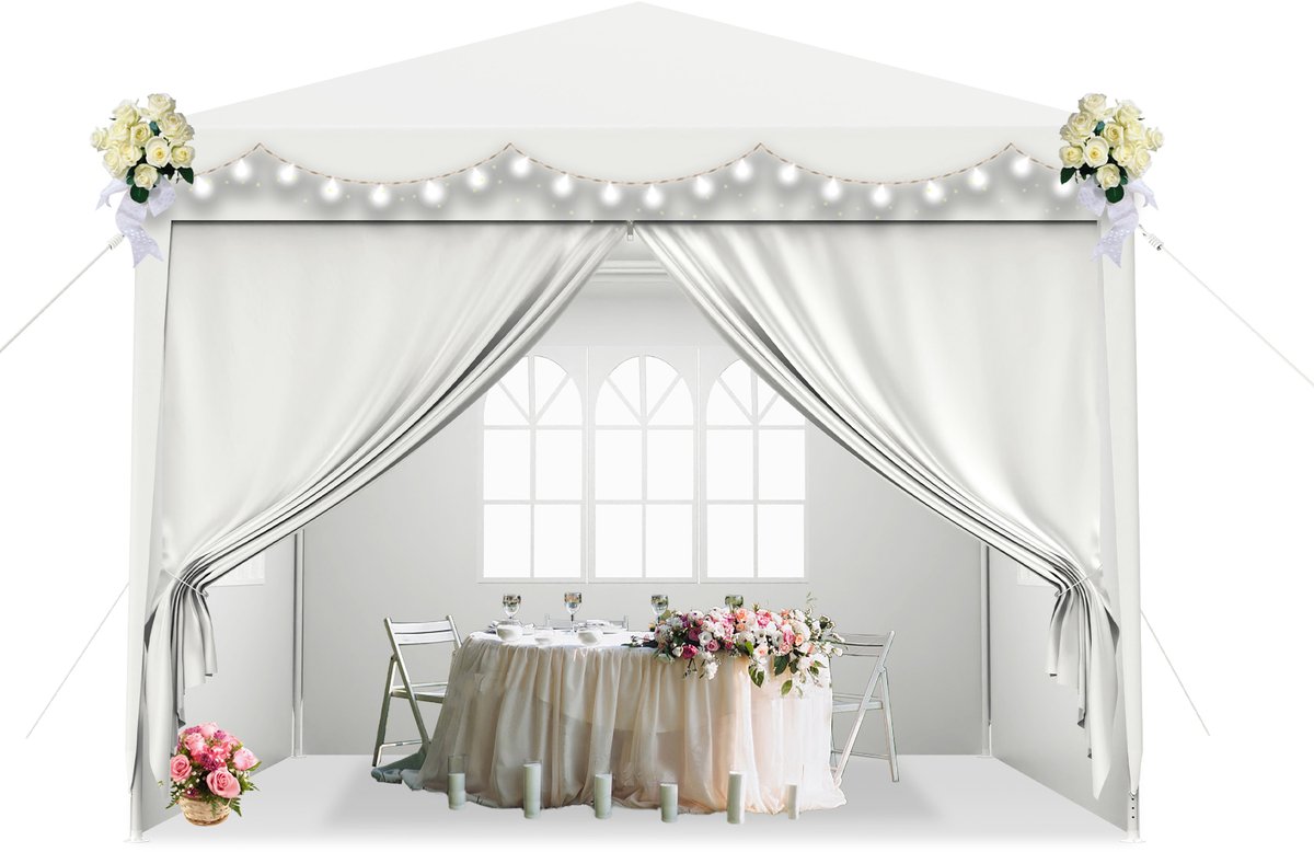 Aufun Paviljoen, Waterdicht,Tuinpaviljoen Met 4 Zijwanden, Polyethyleen, Deur Met Ritssluiting, Voor Tuin, Picknick, Markt 3 X 3 M, Wit