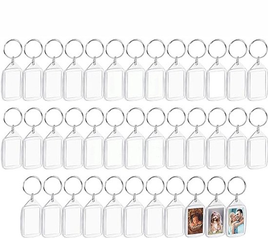Lege Foto Lijst Sleutel Hangers - 37 stuks - 3,4 x 5,4 cm - Doorzichtig Helder Acryl Sleutel Hangers Voor Dubbelzijdige Foto’s - Kleine Fotolijstjes Voor Familie, Vrienden & Hobby