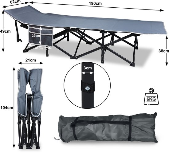 NAIZY Veldbed, inklapbaar, 190 x 62 x 38 cm, campingbed incl. draagtas en zijzak, opvouwbaar reisbed, max. 250 kg belastbaar, logeerbed, opklapbed van NAIZY — afbeelding 2