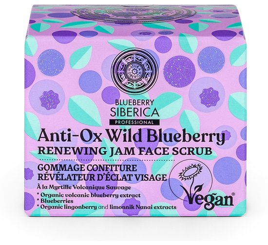 Paarse doos met blauwe bessenprint, 'Anti-Ox Wild Blueberry Renewing Jam Face Scrub' en Vegan logo. Opsomming van ingrediënten.