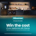 Hisense advertentie met Amerikaanse koelkast, wasmachines en oven in een keuken.