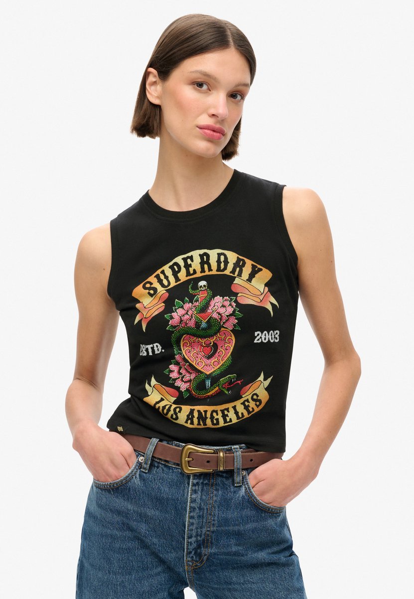 Superdry Tattoo Rhinestone Tank Mouwloos T-shirt Veelkleurig XS Vrouw Zwart