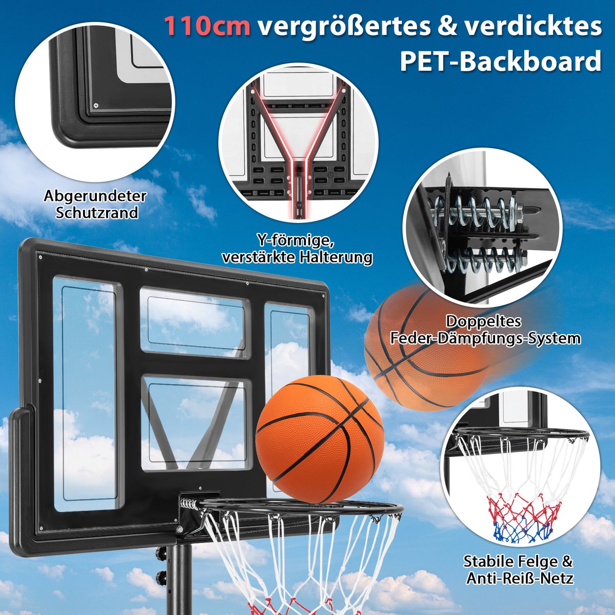 COSTWAY Basketbalkorf voor buiten, basketbalstandaard, 149-305 cm, in hoogte verstelbaar, basketbalkorf met standaard, 2 wielen en gewichtstas, mobiele korf, basketbalinstallatie voor kinderen en