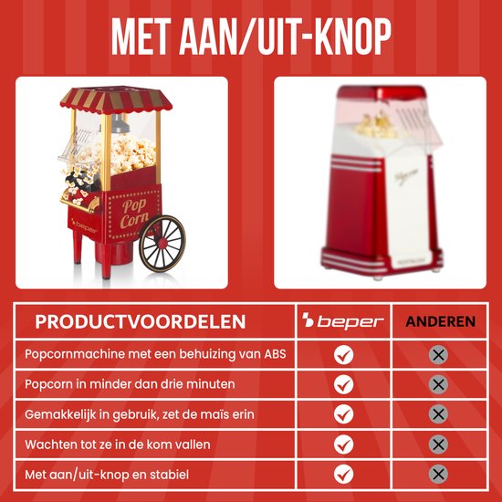 Rode popcornmachine met gouden accenten, rechts een kleinere witte machine. Tabel met productvoordelen.