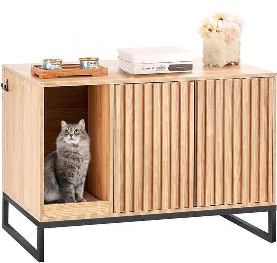 Kattenbakbehuizing voor 2 katten, verborgen kattenbakmeubel met rotan-gedecoreerde deuren, houten kattenbakkast, past op de meeste kattenbakken, 119,4 cm L x 40,1 cm B x 55,6 cm H, zwart | NL