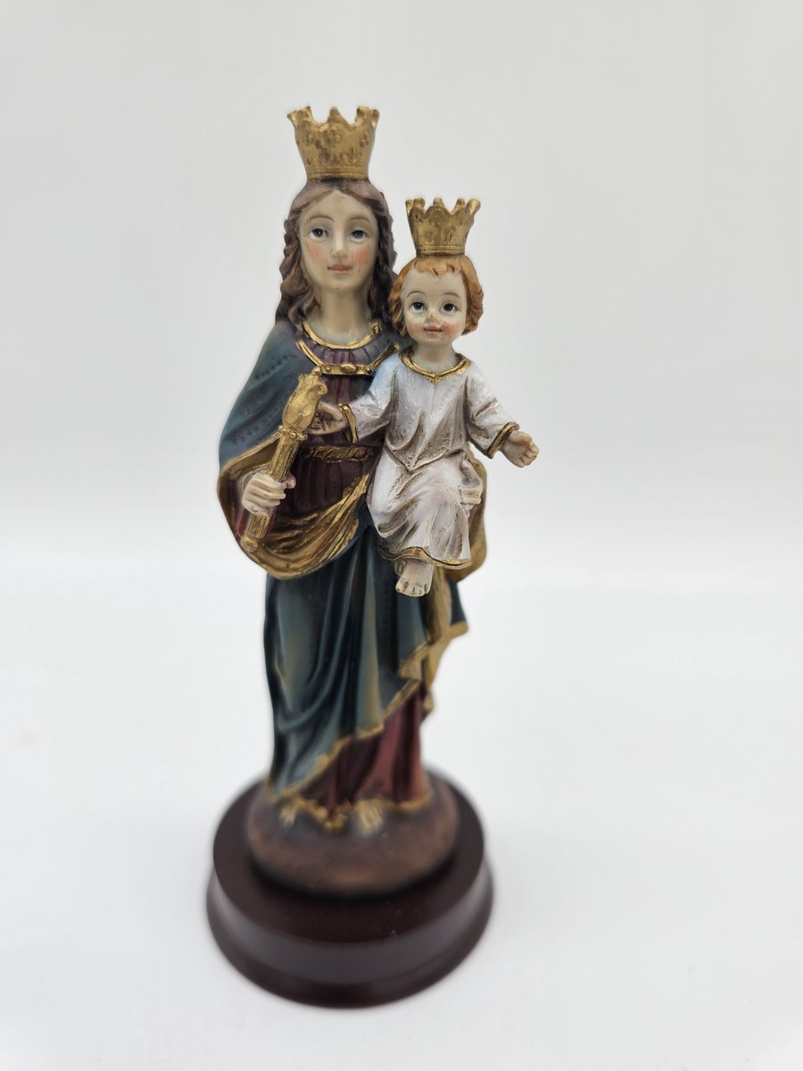 Maria met kind Jezus op haar arm - beeld 12,5 cm - Madonna en Jezus Christus dragen kronen - op console - materiaal polystone - religieus beeld