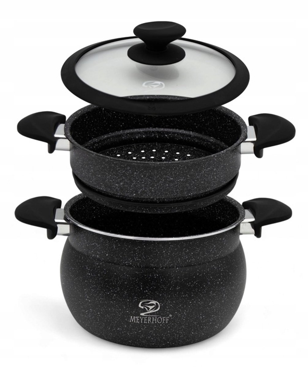 Meyerhoff Stoompannenset 3-delig Ø 20 cm – 4,7 L – RVS met Marmercoating – Siliconen Rand – Inductiegeschikt – Zwart