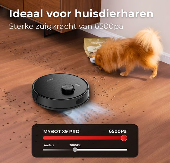 Zwarte robotstofzuiger met geborsteld metalen design en laadstation.