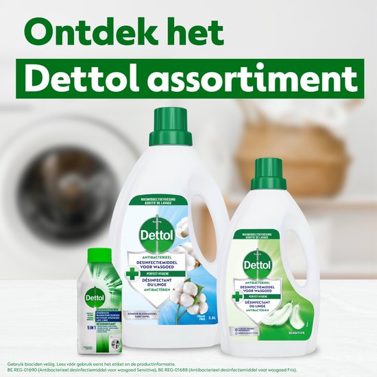 Bouteilles de Dettol Désinfectant pour le Linge avec fleur de coton et plumes. "Découvrez la gamme Dettol."
