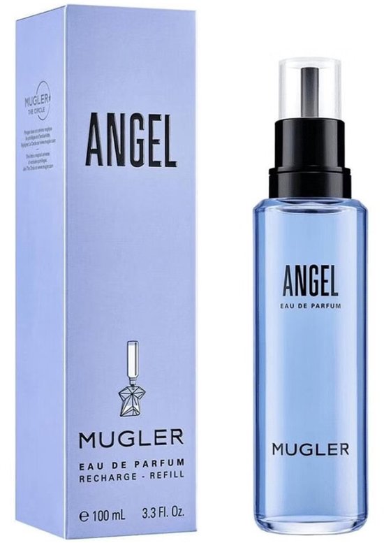 Mugler Angel navulflacon met doosje. Lichtblauw met "ANGEL" en "MUGLER" erop.