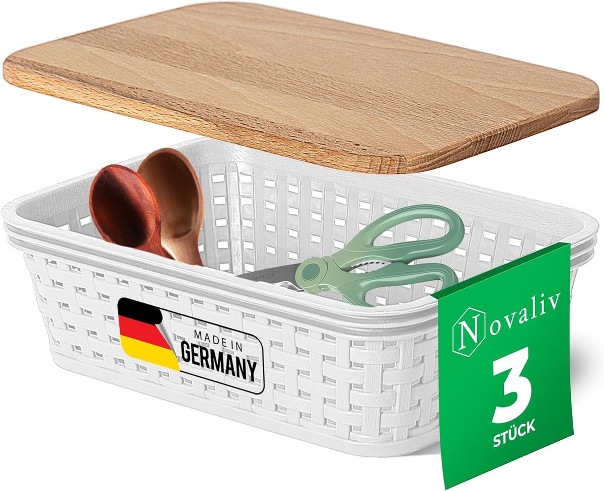 Novaliv Set van 3 opbergdozen met houten deksels, 1L, wit, kunststof, rotanlook, keukenopslag en -organisatie, BPA-vrije kastorganizer, opbergdozen voor theezakjes, snacks, kruiden