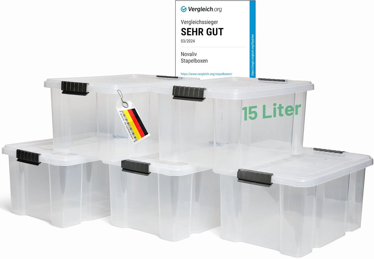 Novaliv 5x opbergdozen met deksel 15L transparant nestbaar stapelbaar opbergdozen met clipsluiting kunststof doos BPA-vrij 41 x 29 x 20 cm