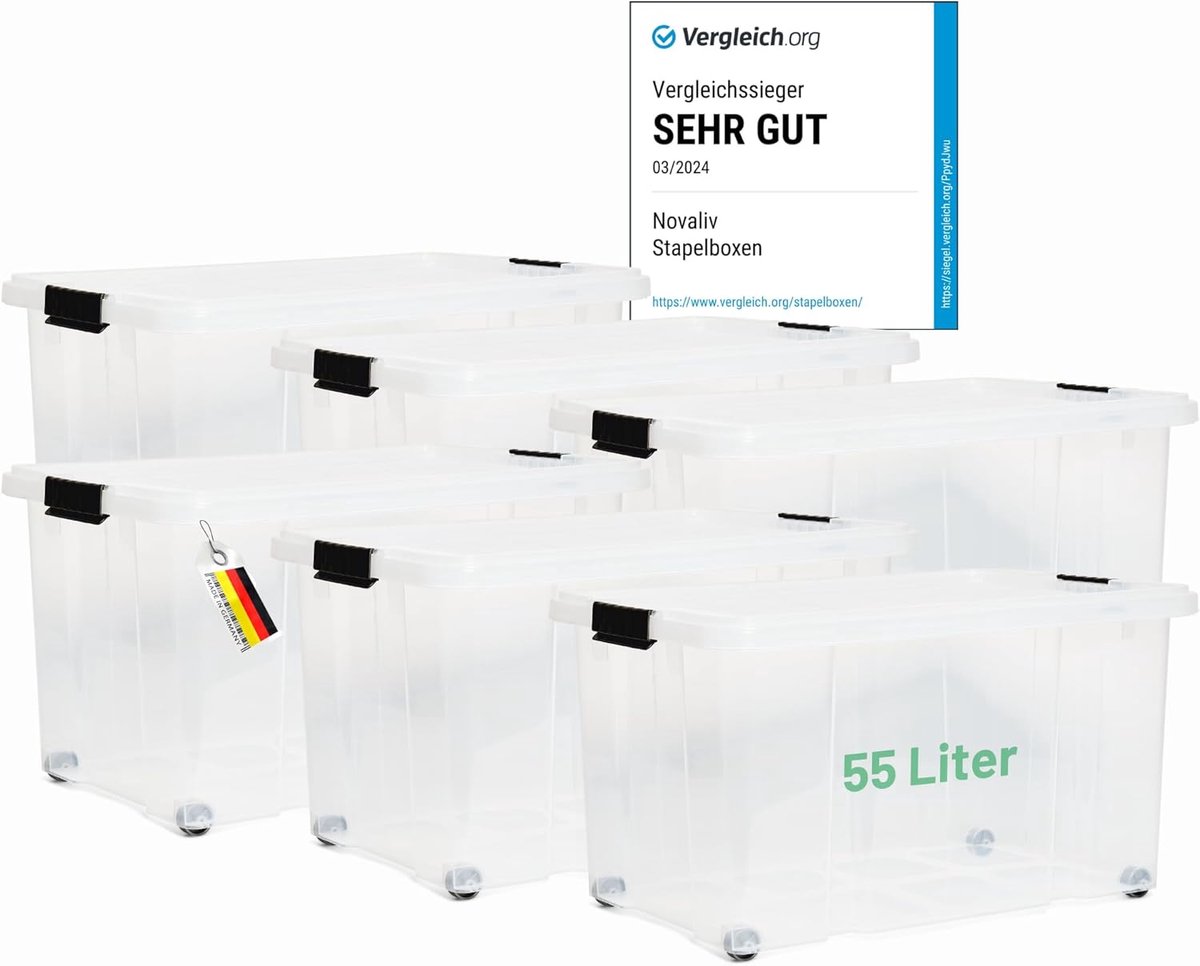 Novaliv 6x opbergdozen met deksel, groot 55L, transparant, nestbaar, stapelbaar met clipsluiting, roldozen, kunststof, BPA-vrij, 61x40x32,5 cm