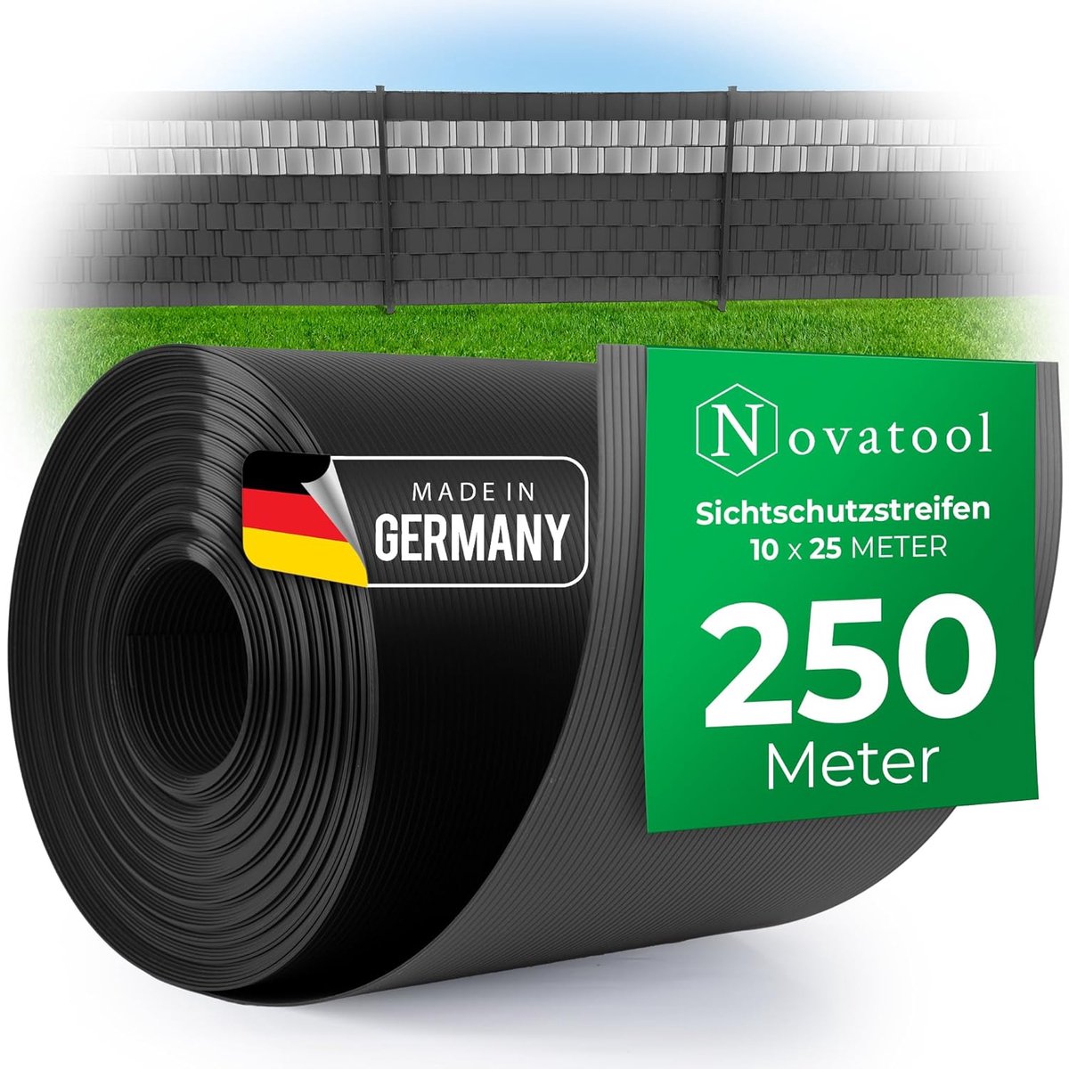 Novatool 10x 25m rol PP Premium privacy strips voor dubbelstaafmatten ANTRACIET RAL 7016 - 19 cm hoog - 100 rijen staafmat schutting privacy strips GRIJS met groeven schuttingelementen privacy scherm