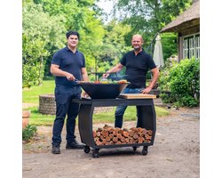 RJRoyal Living Plancha grill BBQ Big Jack Blackline 3.0 grillring en houtopslag vuurschaal buitenkeuken grillring met houten snijplank