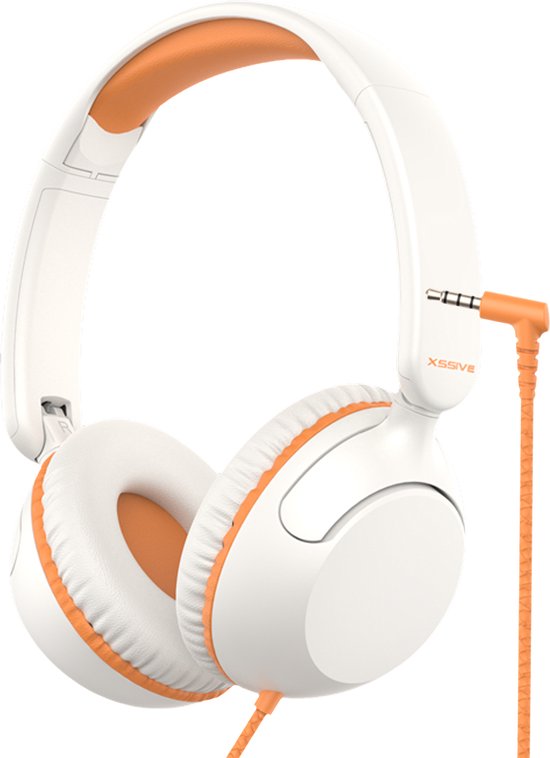 Wit met oranje XSSIVE koptelefoon, close-up.
