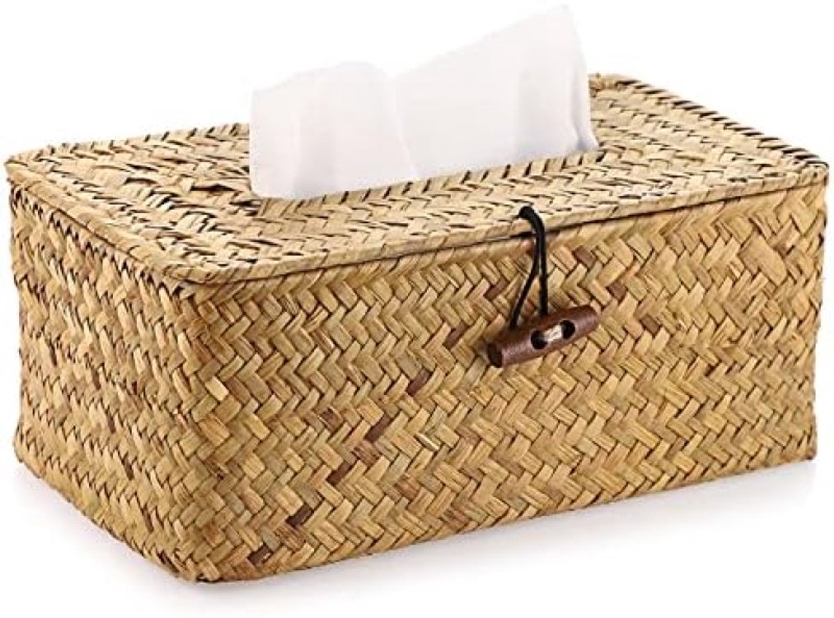 PolkaHome Rechthoekige Zeegras Tissue Box Decoratieve Geweven Papier Houder, Geel, 27x12x9 cm - Stijlvolle en Milieuvriendelijke Tissuehouder voor Huis, Kantoor of Auto