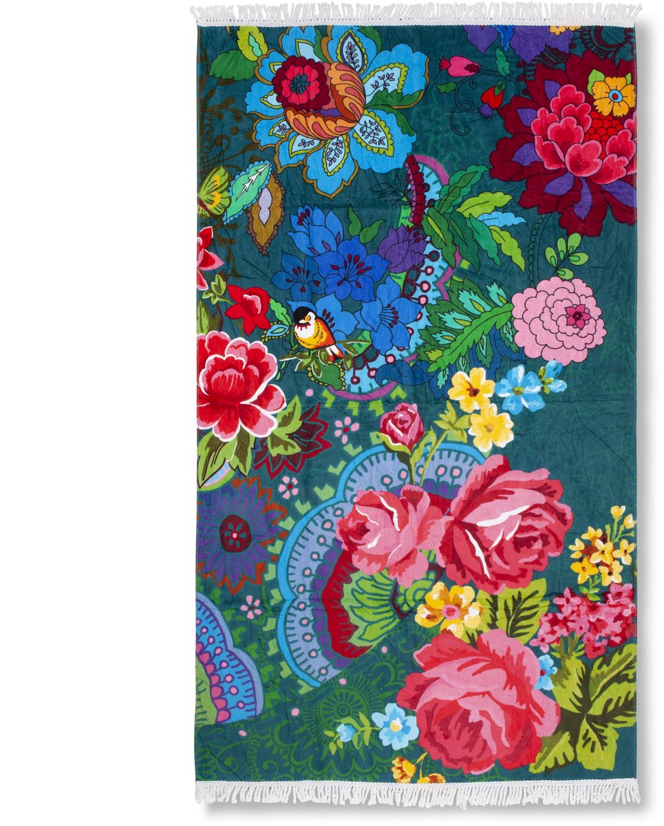 Happiness - Strandlaken 100x180 cm - Bloemenprint met Vogel - Groen - 100% Katoen - Voor Zomer en Strand
