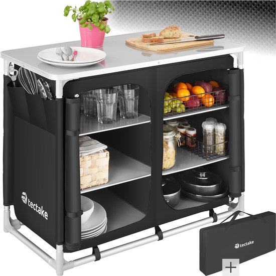tectake®- campingkeuken- opvouwbare campingkast- reiskeuken- keukenkast met werkblad en opbergvakken voor buitenkeuken- voortent, caravan of autocamping - met draagtas - zwart
