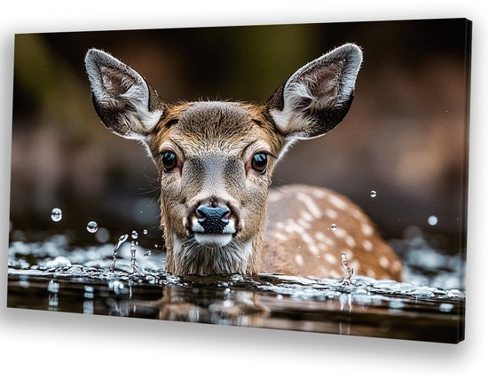 Jong hert met spetterend water - Hert portret - Canvas water - Hyperrealisme - Kunstobject - Slaapkamer wanddecoratie - canvas 45x30 cm