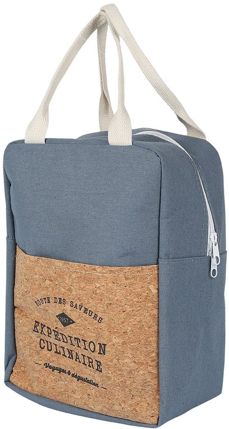 Sac glacière bleu avec poche avant marron avec texte 'EXPÉDITION CULINAIRE'. Poignées blanches.