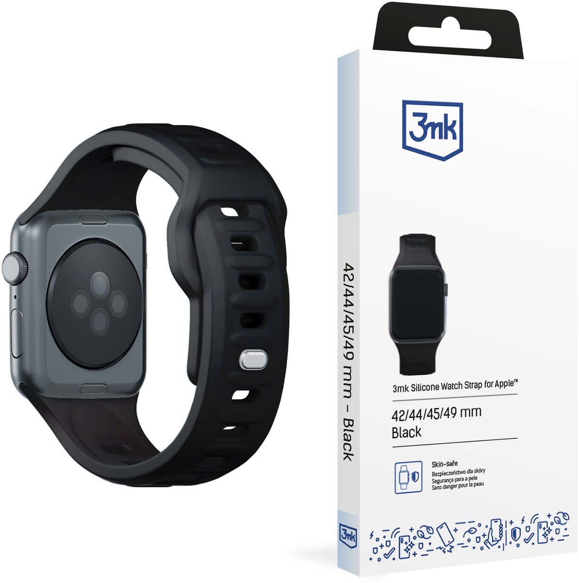 Bandje voor 42/44/45/46/49 mm Zwart (big) - 3mk Silicone Watch Strap