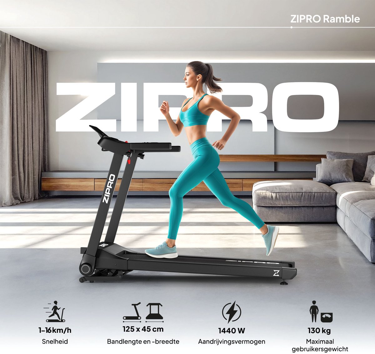 Afbeelding 3 van Zipro® Ramble Elektrische Loopband 1-16 km/h - Wandelband - Cardiotraining - LED-display - 12 Programma’s - Eenvoudig opvouwen naar een verticale positie - Nauwkeurige gegevensmeting - Hartslagmeting