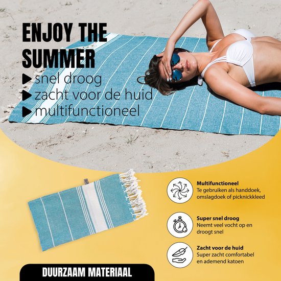 Eleganzzz Hamamdoek 90x180cm - Aqua - Saunadoek - Strandhanddoek - Yogadoek - Spadoek - Omslagdoek - Strandlaken - Zacht - Lichtgewicht - Sneldrogend