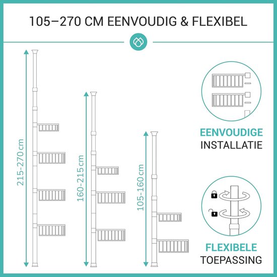 Instructieafbeelding toont flexibele hoogtes van 105 tot 270 cm, eenvoudige montage en verstelbare onderdelen.