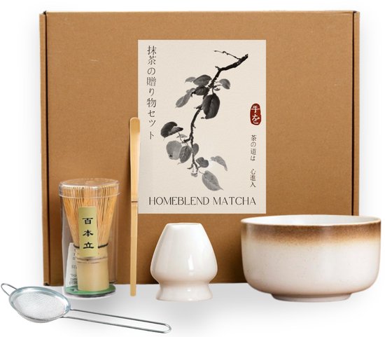 HomeBlend Matcha Set Bruin-Wit 5-delig - Matcha Kom & Klopper